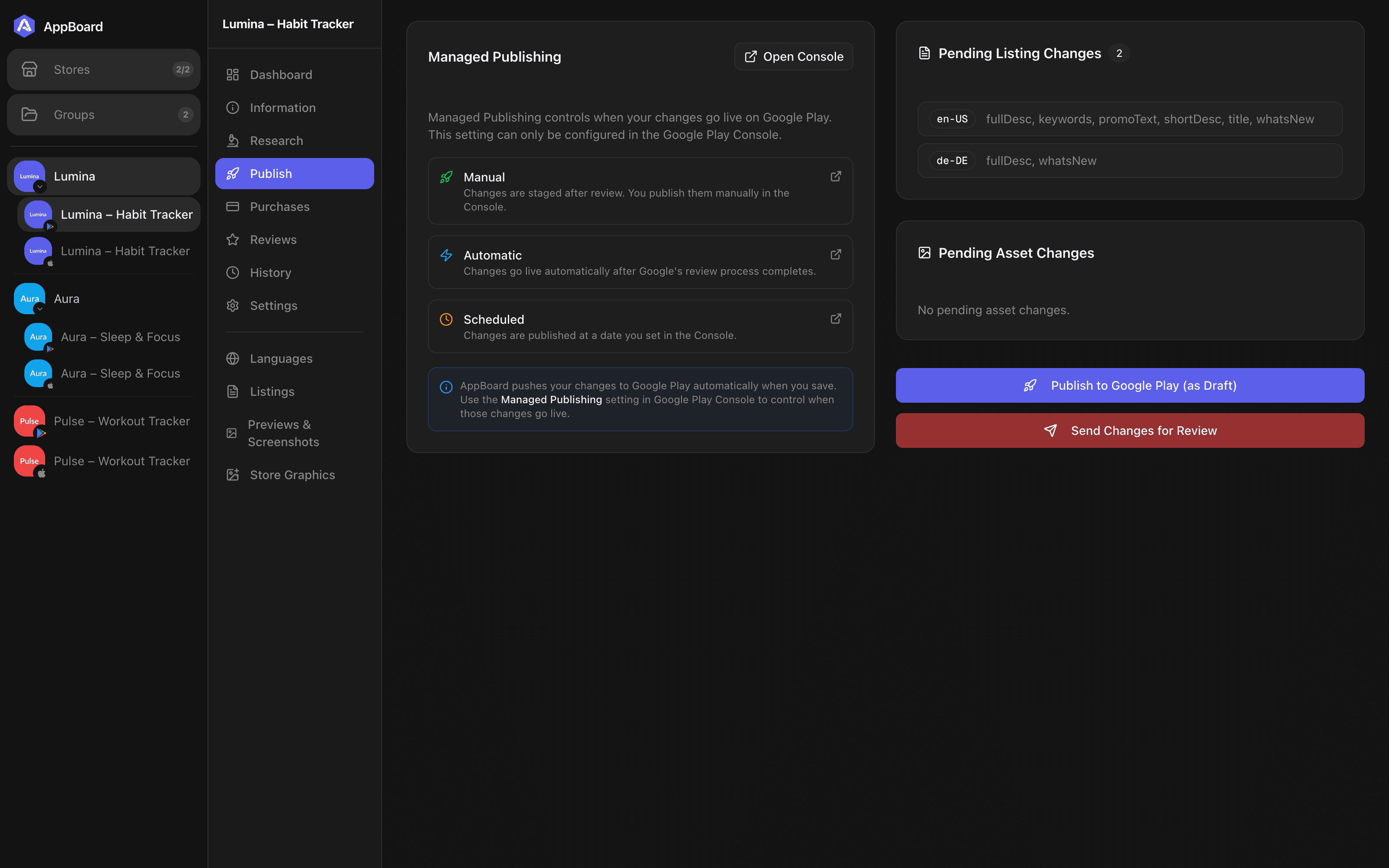 AppBoard publish page showing pending changes and push options per store