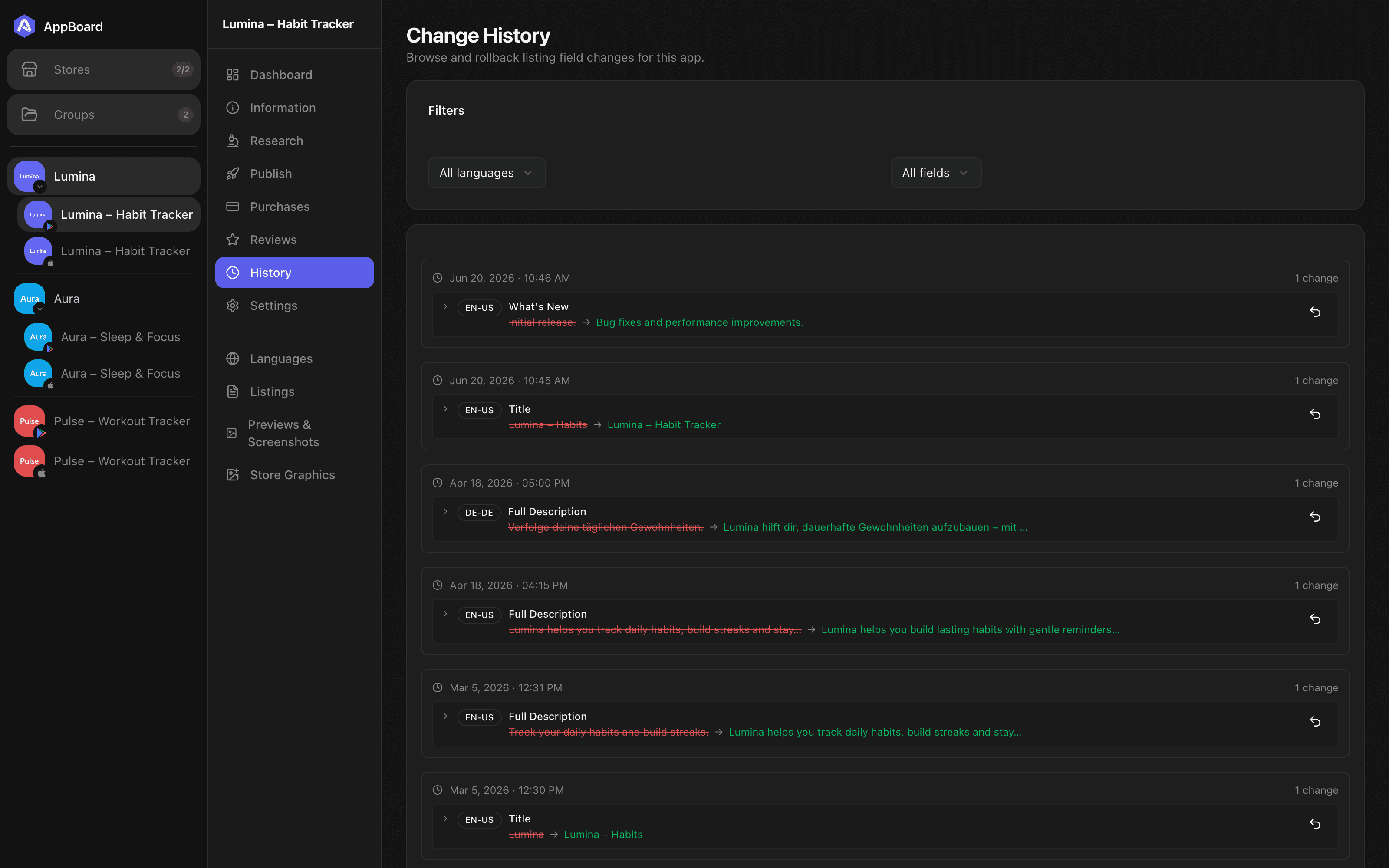 AppBoard change history with GitHub-style red and green diffs per field and language, and rollback buttons