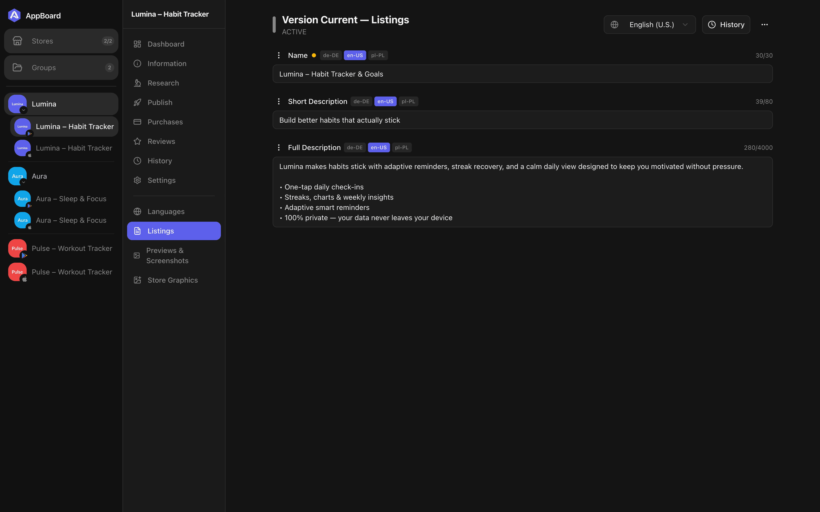 AppBoard listings editor with title, short description and full description fields, per-language tabs and live character counters