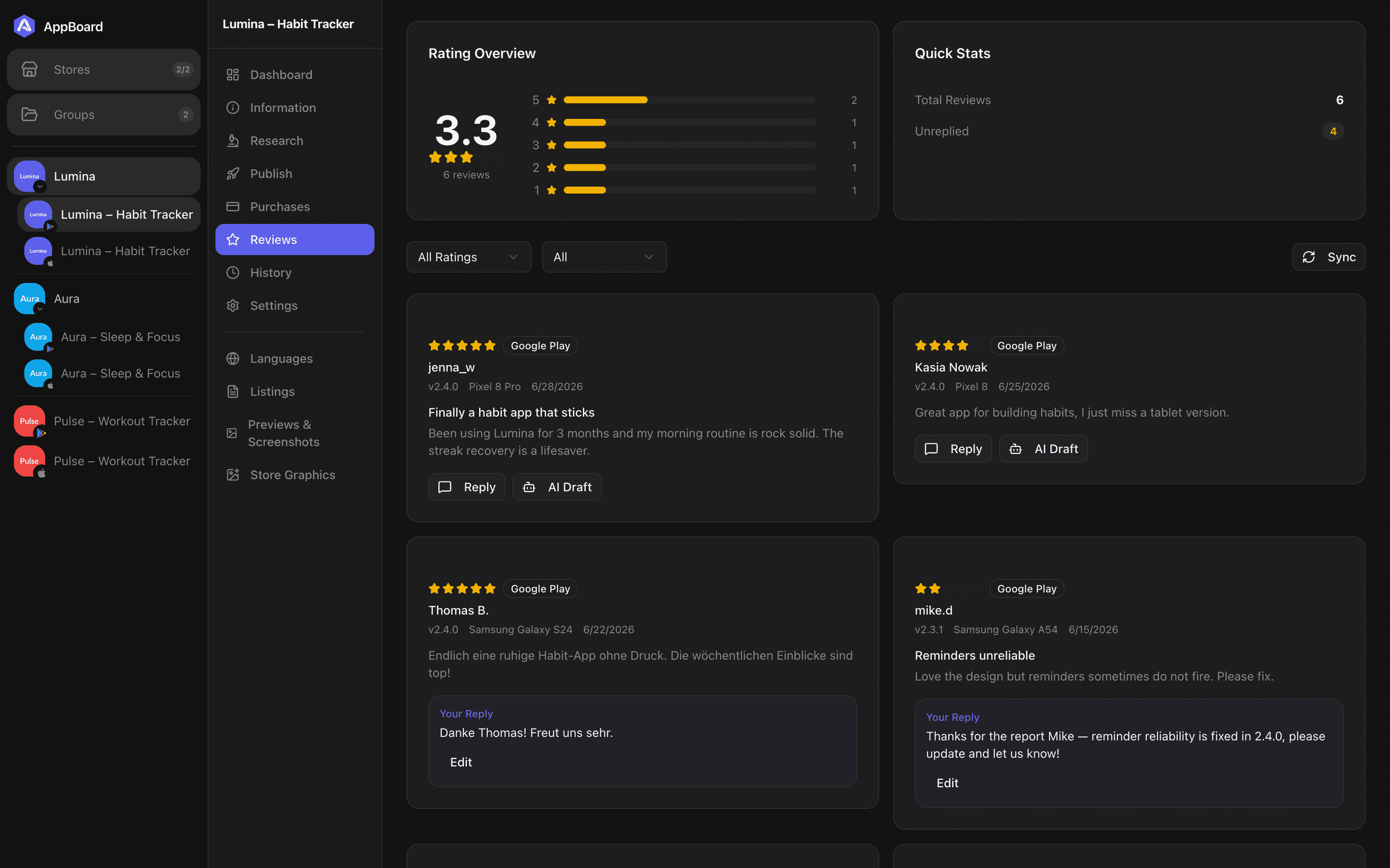 AppBoard reviews inbox combining App Store and Google Play with AI Draft reply buttons
