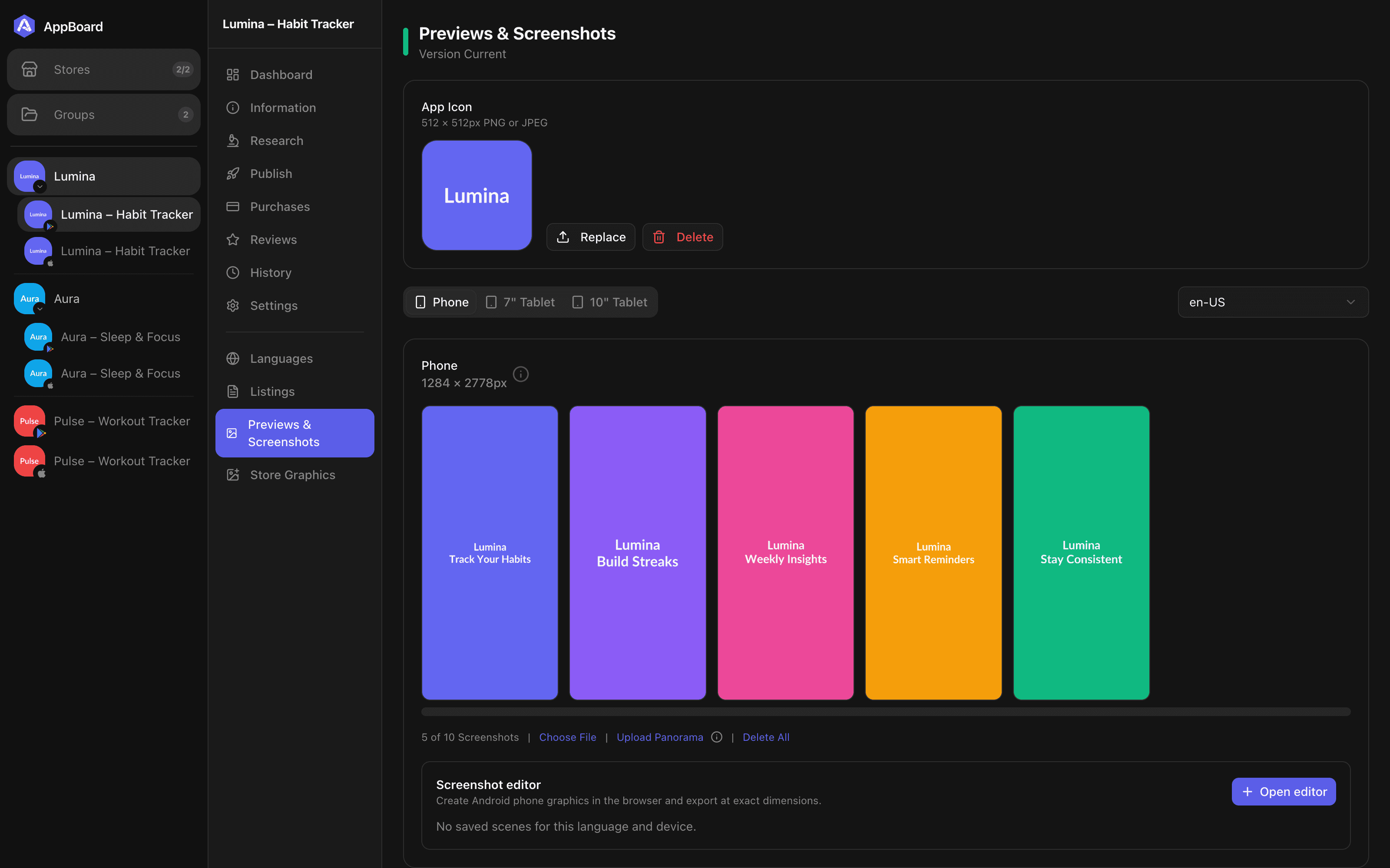 AppBoard screenshot manager grouped by device type and language with a built-in editor