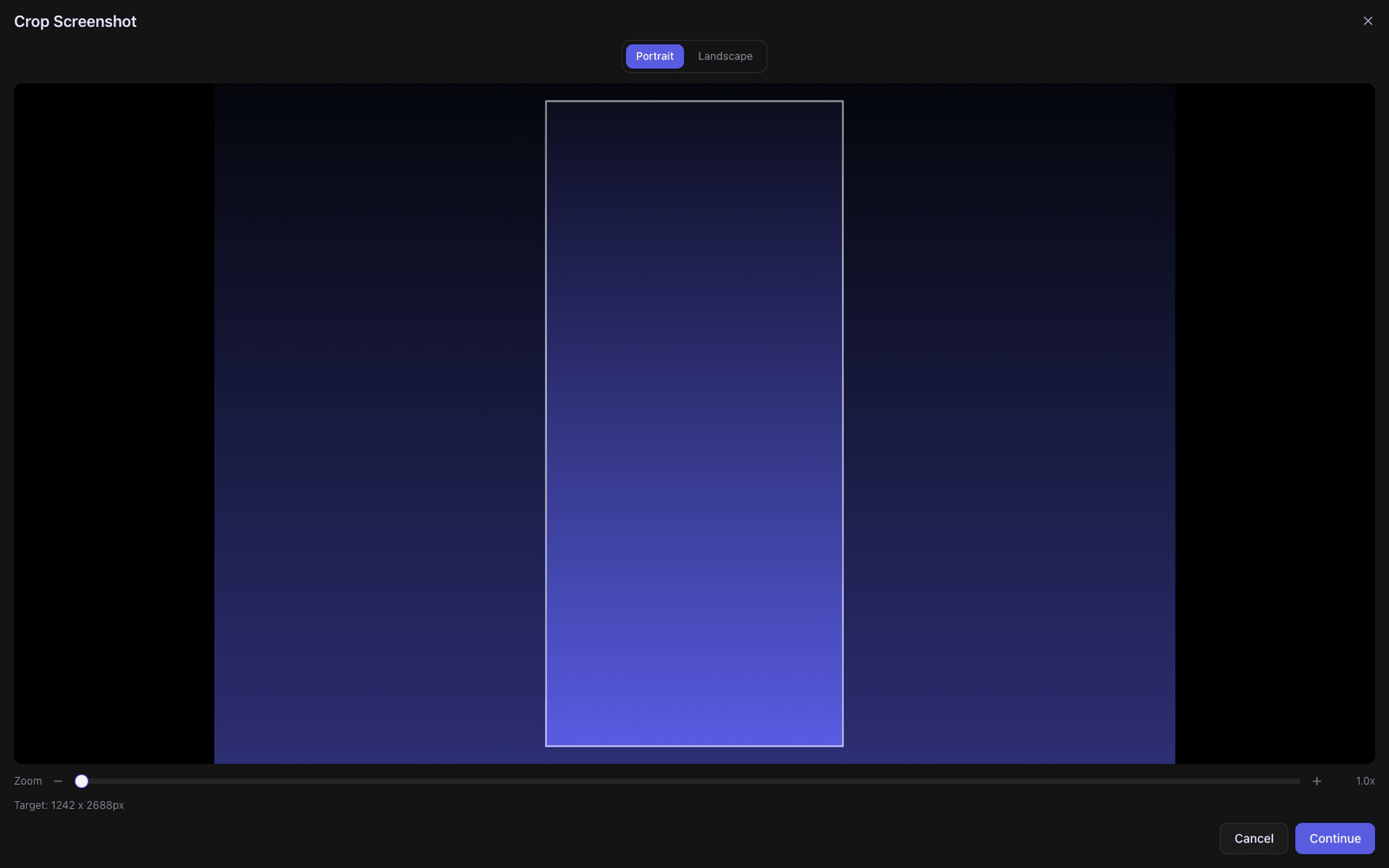 Crop Screenshot dialog with portrait and landscape presets and an exact 1242 × 2688 pixel target