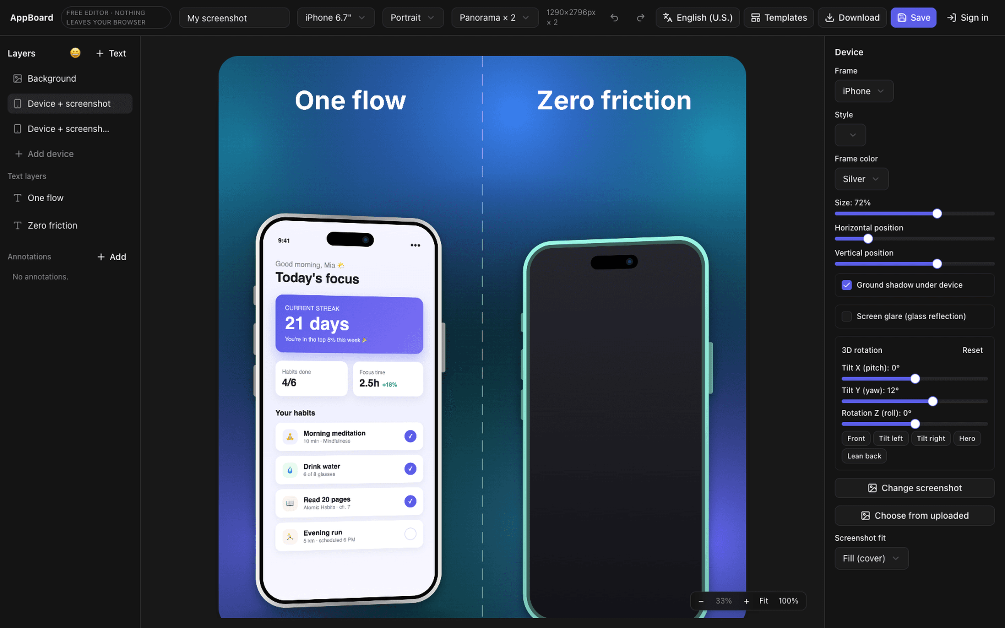 AppBoard screenshot editor with a layered scene: gradient background, Android device frame, headline text, and export at exact dimensions