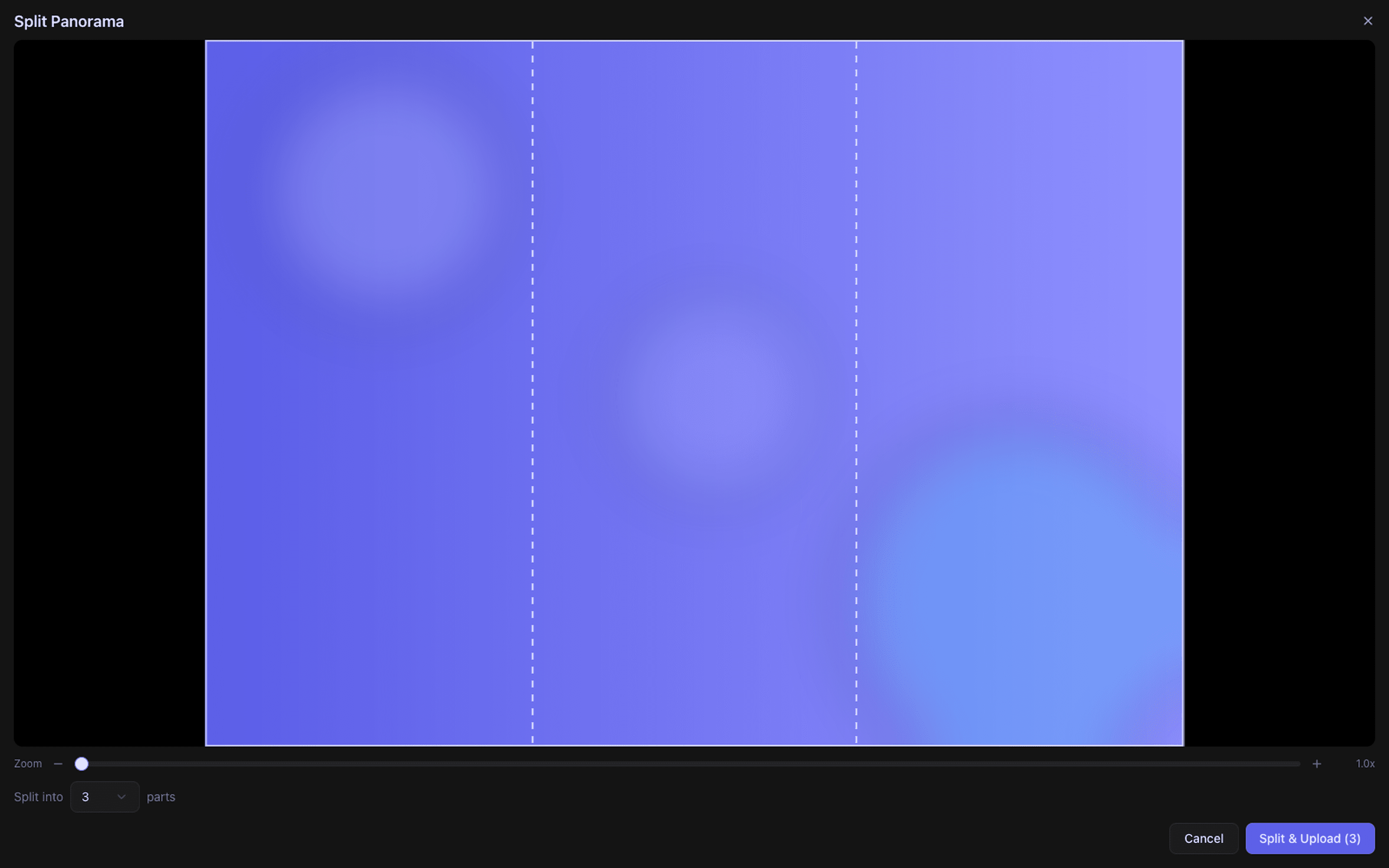 Split Panorama dialog slicing one wide image into three consecutive store screenshots with dashed cut lines